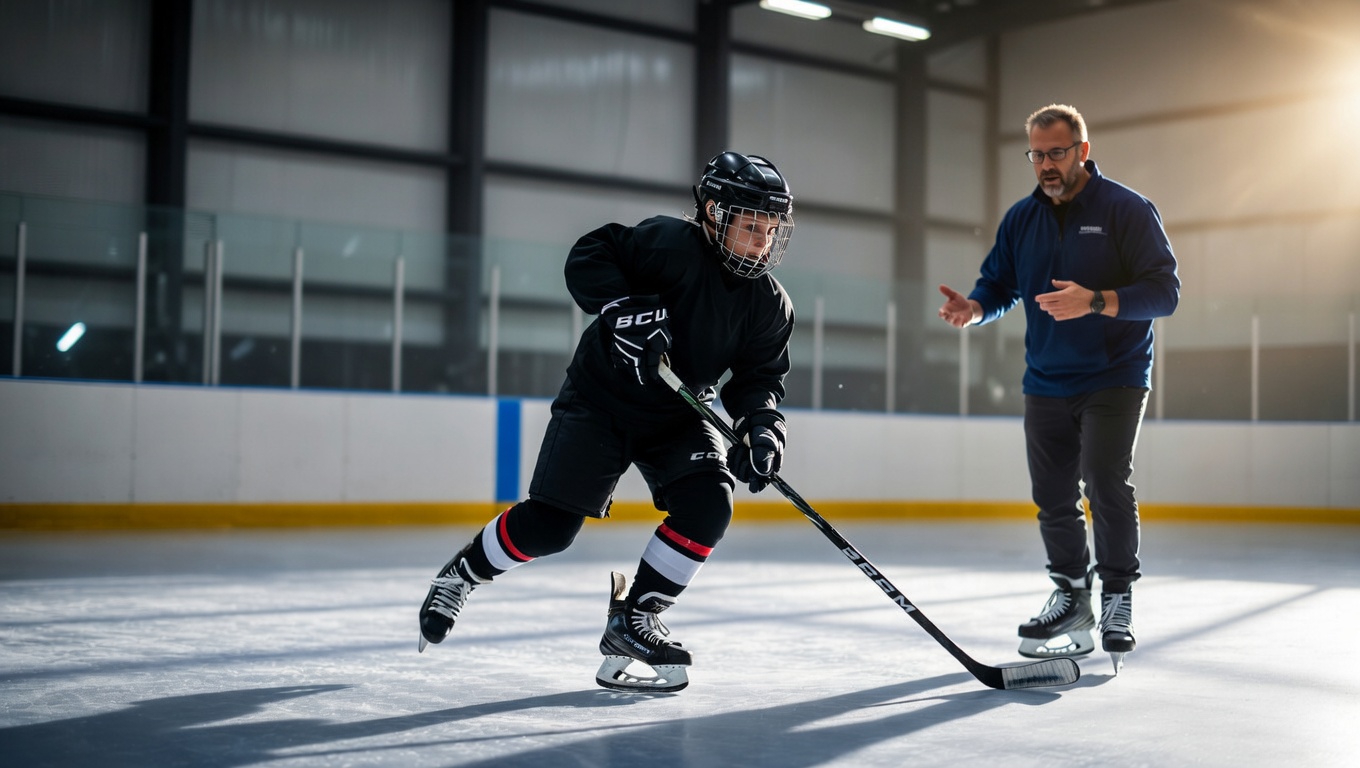 Hockey player training with coach