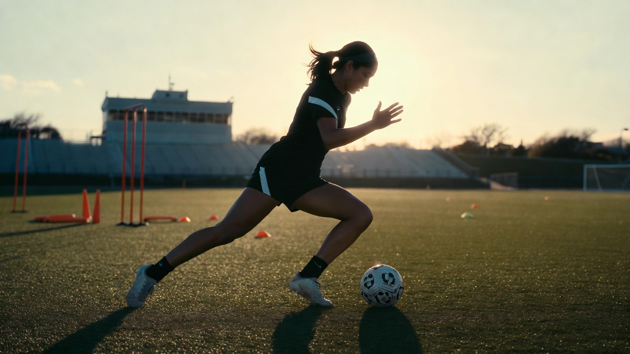 Soccer player training at sunset